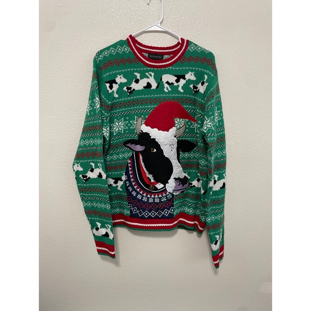 Blizzard Bay Ugly Christmas Sweater Mens Large Green Cow Santa Hat Bell EUC